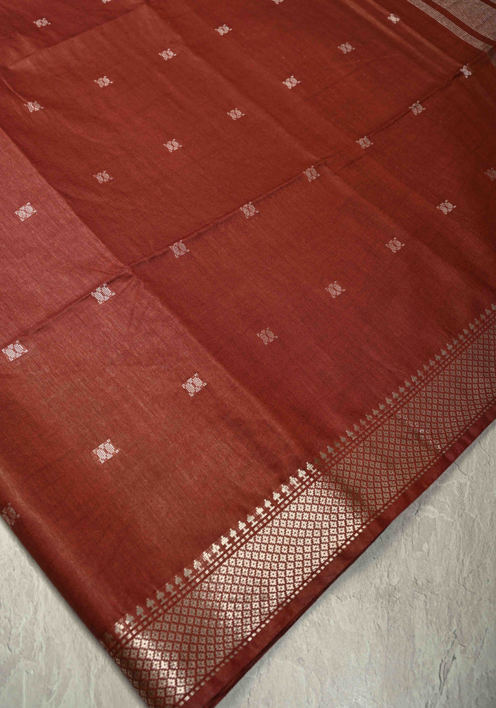 Brick Brown Semi Tussar Saree with Thread Buttas and Silver Zari Border | SHOBITAM