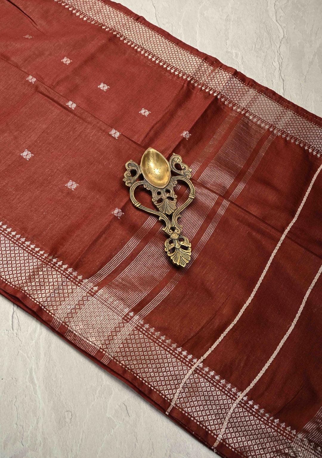 Brick Brown Semi Tussar Saree with Thread Buttas and Silver Zari Border | SHOBITAM