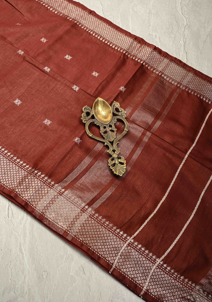 Brick Brown Semi Tussar Saree with Thread Buttas and Silver Zari Border | SHOBITAM