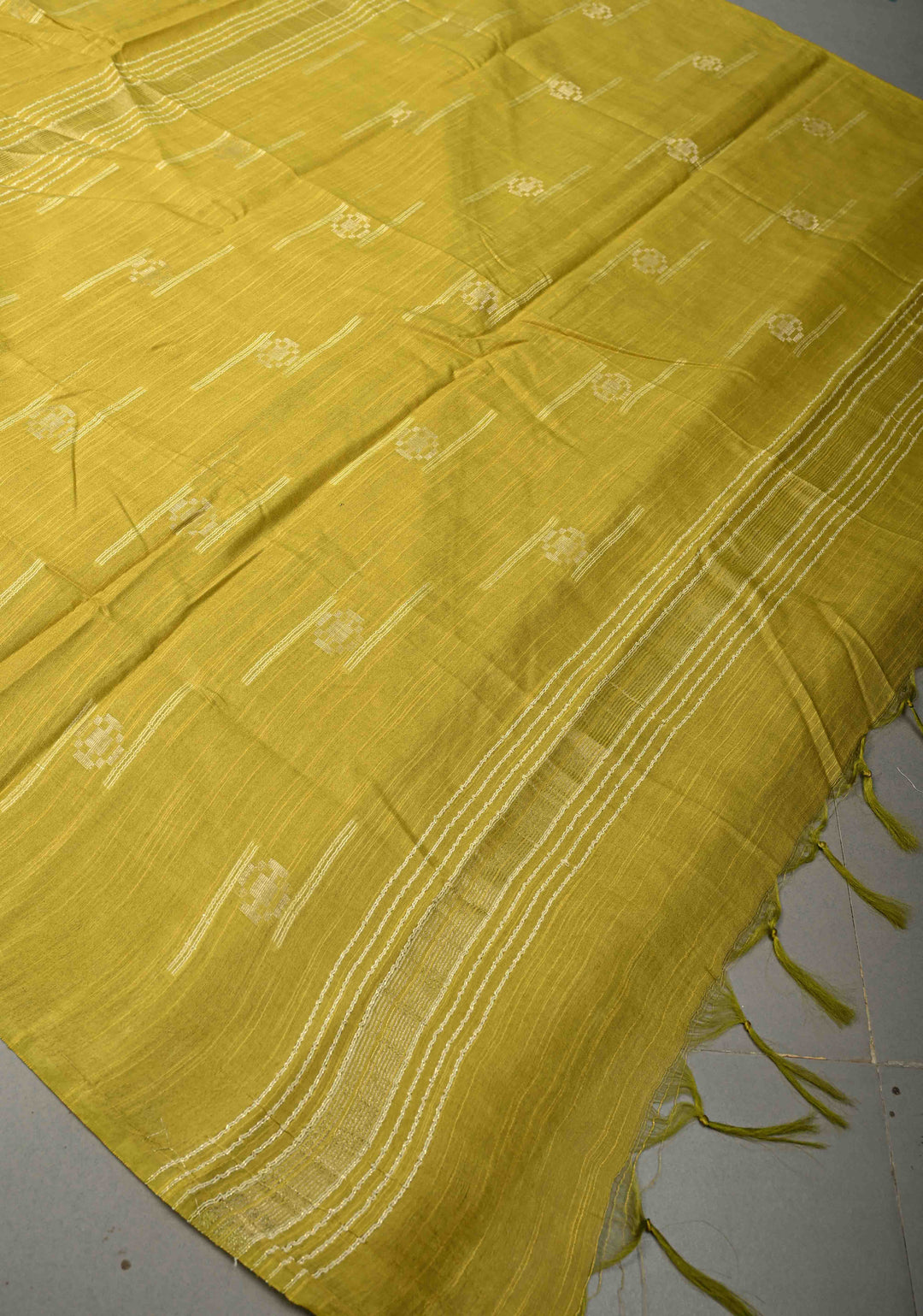 Moss Green Borderless Semi Tussar Saree with Thread and Zari Buttas | SHOBITAM