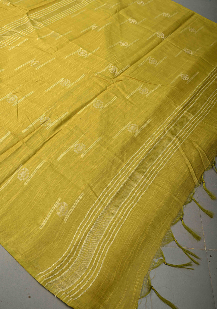 Moss Green Borderless Semi Tussar Saree with Thread and Zari Buttas | SHOBITAM