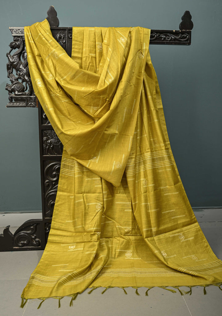 Moss Green Borderless Semi Tussar Saree with Thread and Zari Buttas | SHOBITAM