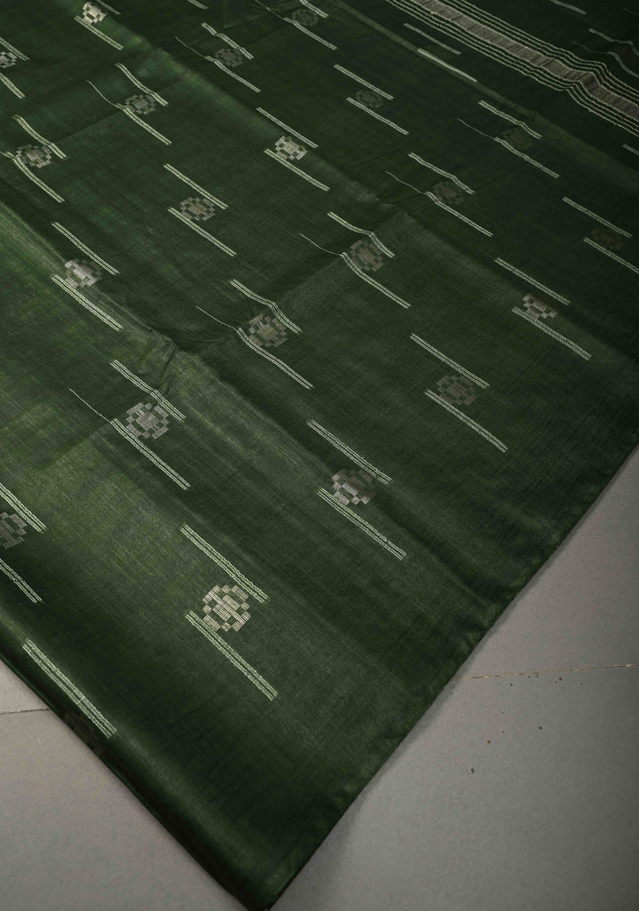 Hunter Green Borderless Semi Tussar Saree with Thread and Zari Buttas | SHOBITAM