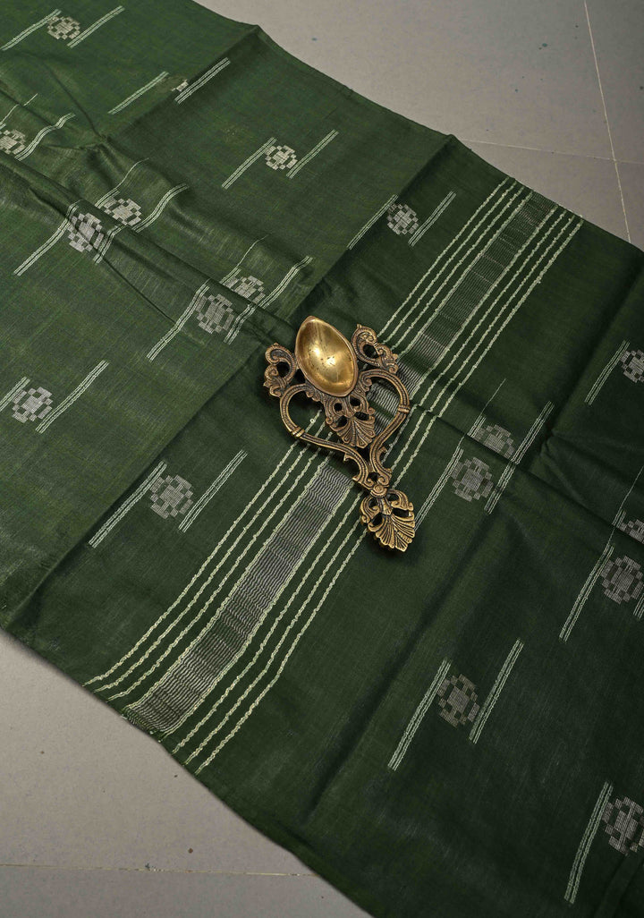 Hunter Green Borderless Semi Tussar Saree with Thread and Zari Buttas | SHOBITAM