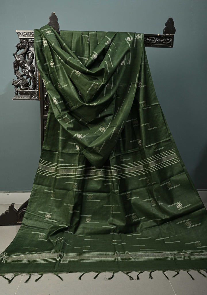 Hunter Green Borderless Semi Tussar Saree with Thread and Zari Buttas | SHOBITAM