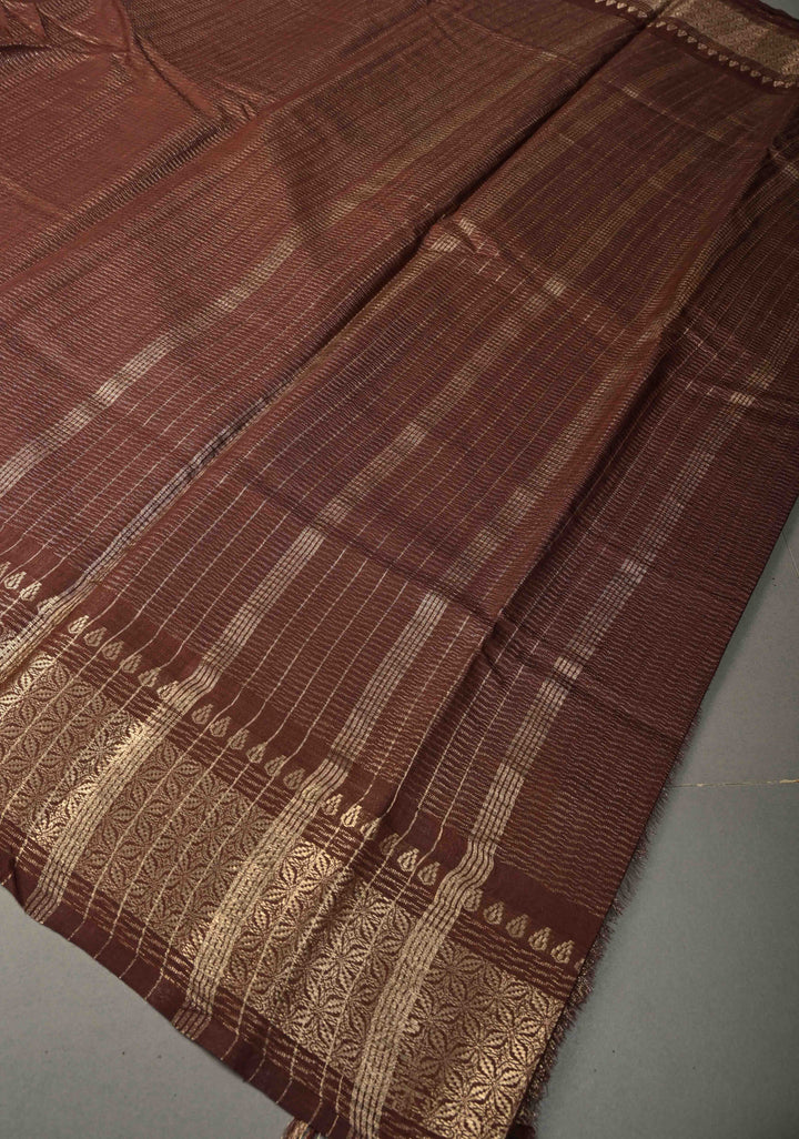 Coffee Brown Semi Tussar Tissue Saree with Zari Border | SHOBITAM