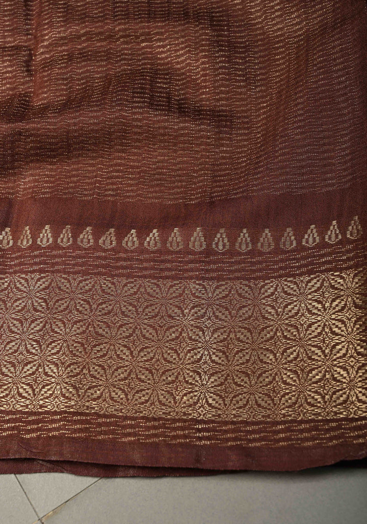 Coffee Brown Semi Tussar Tissue Saree with Zari Border | SHOBITAM