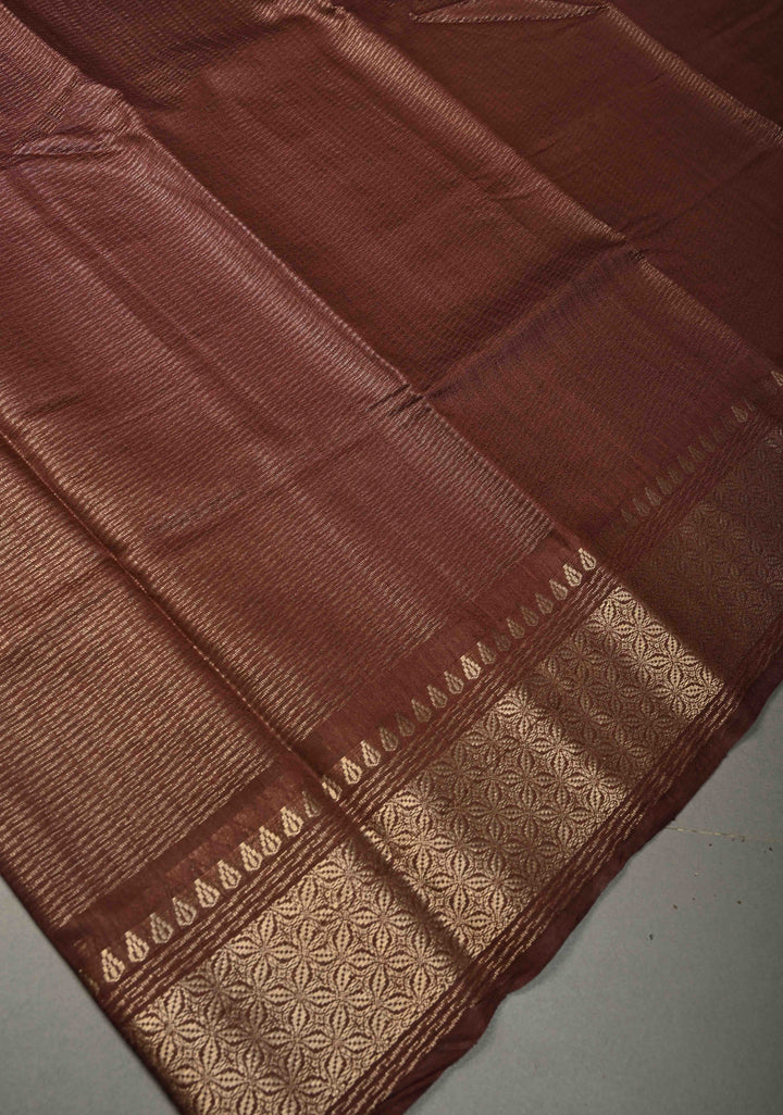 Coffee Brown Semi Tussar Tissue Saree with Zari Border | SHOBITAM