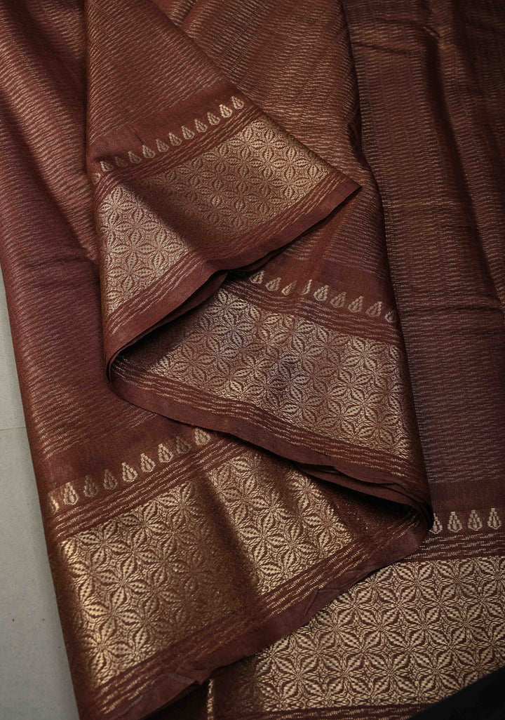 Coffee Brown Semi Tussar Tissue Saree with Zari Border | SHOBITAM
