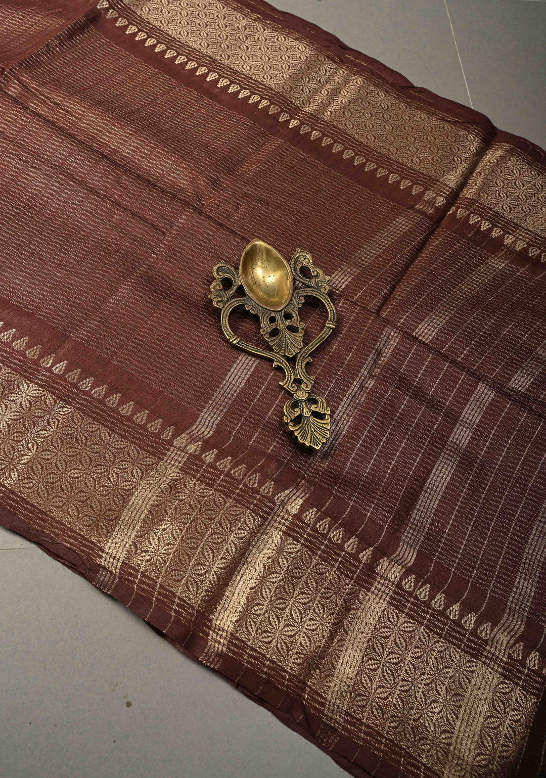 Coffee Brown Semi Tussar Tissue Saree with Zari Border | SHOBITAM