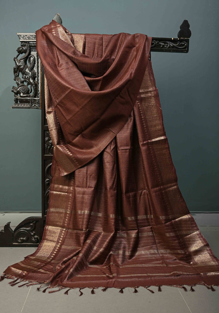 Coffee Brown Semi Tussar Tissue Saree with Zari Border | SHOBITAM