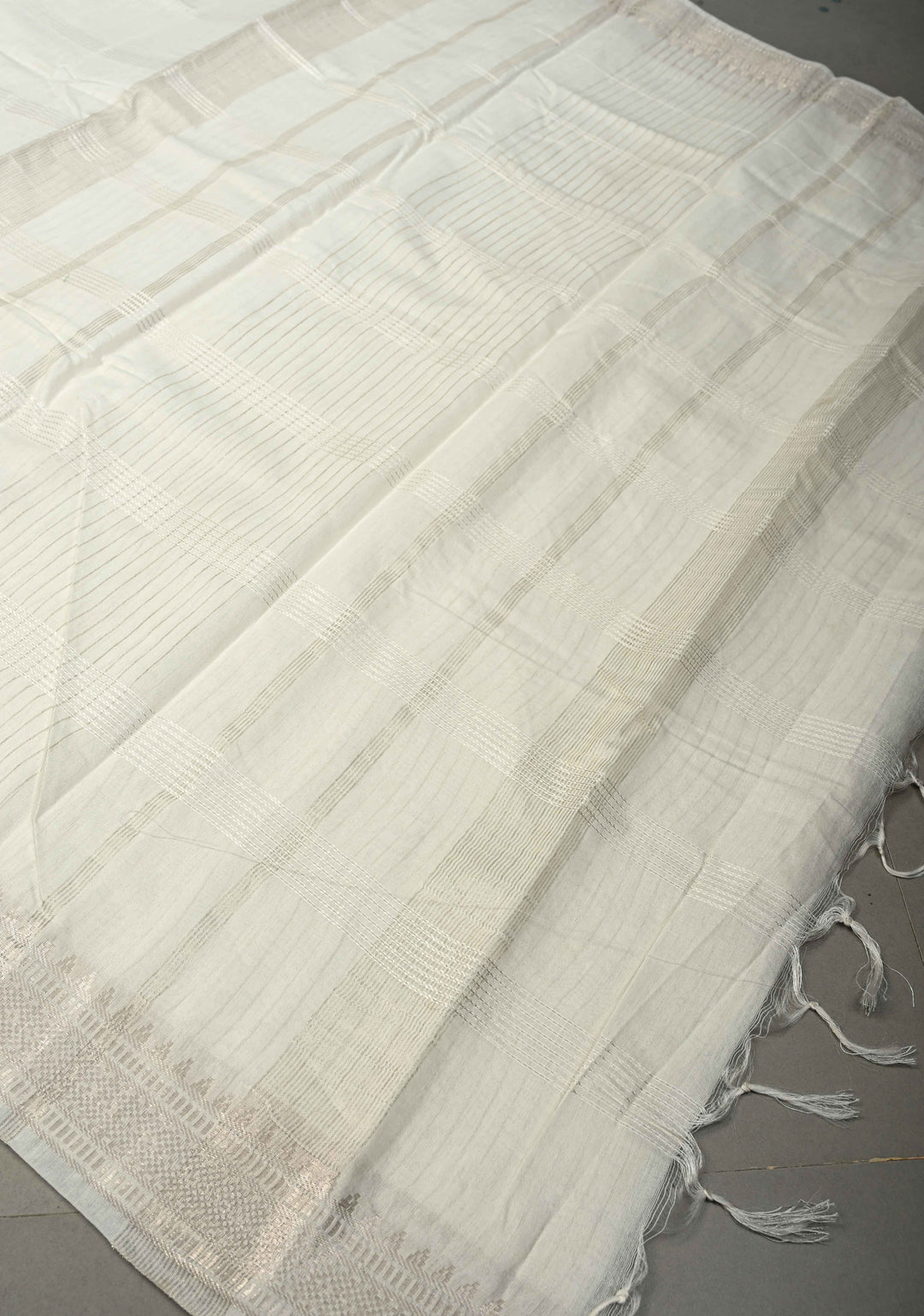 White Semi Tussar Saree with Horizontal Zari-Thread Stripes and Zari Borders | SHOBITAM