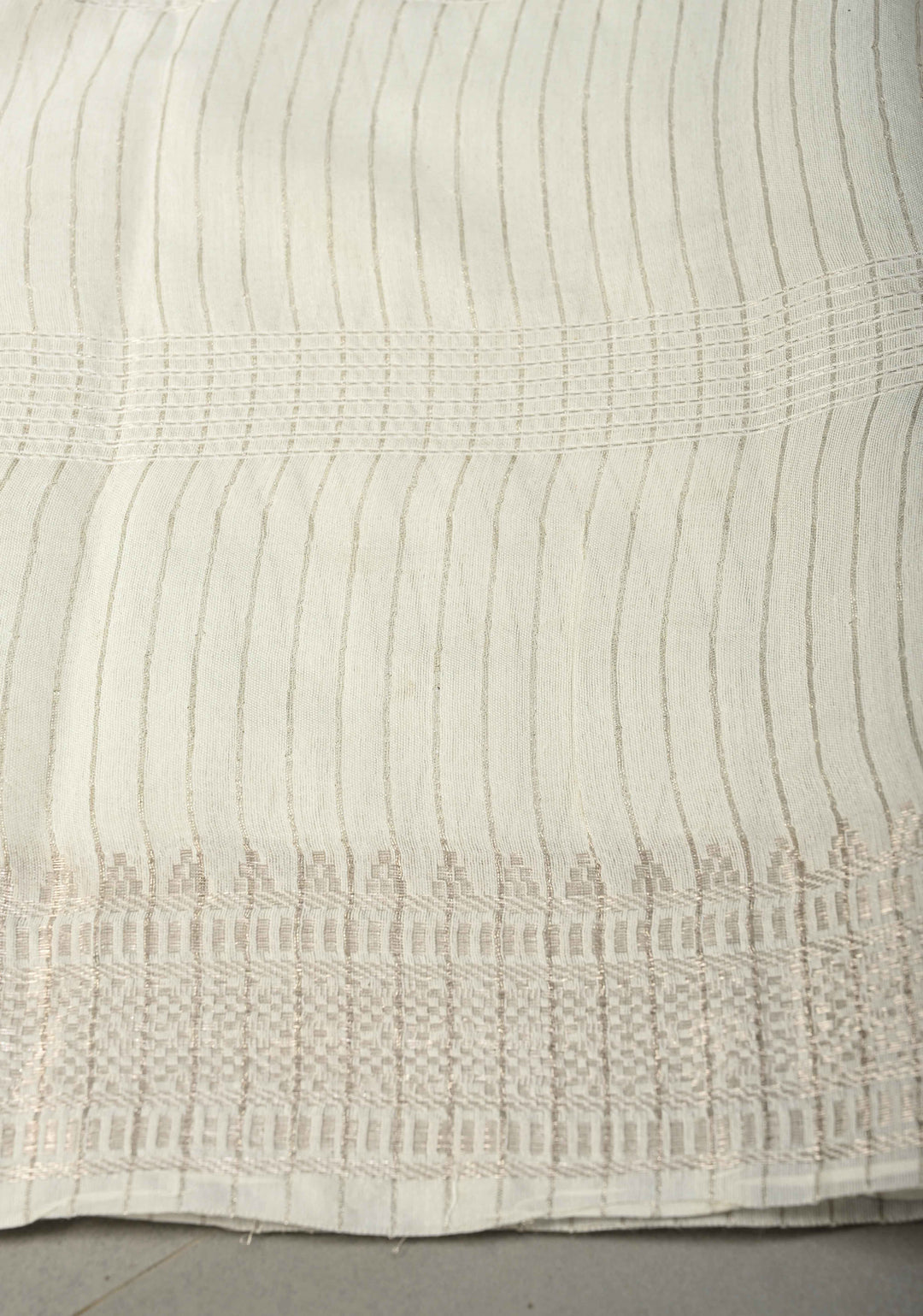 White Semi Tussar Saree with Horizontal Zari-Thread Stripes and Zari Borders | SHOBITAM