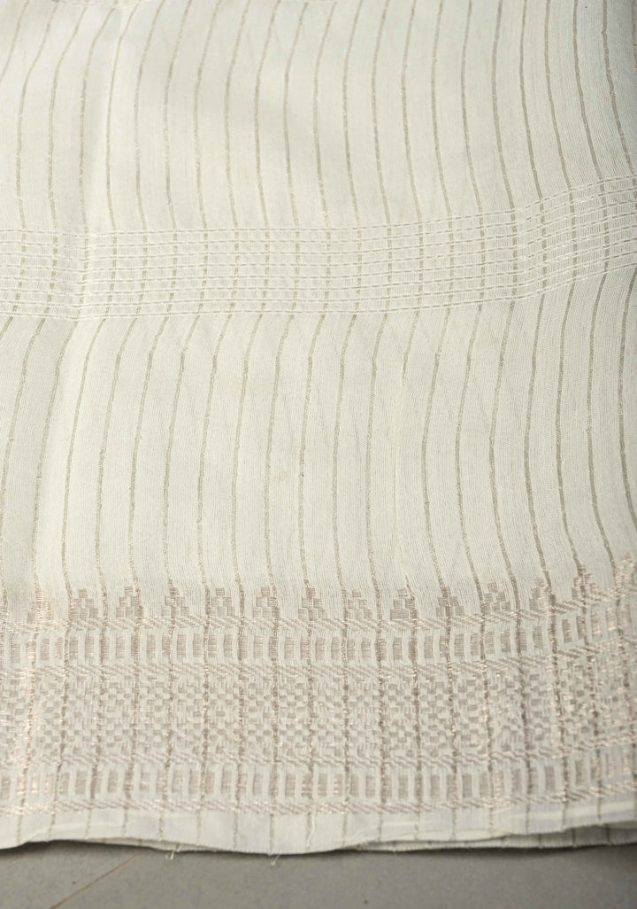 White Semi Tussar Saree with Horizontal Zari-Thread Stripes and Zari Borders | SHOBITAM