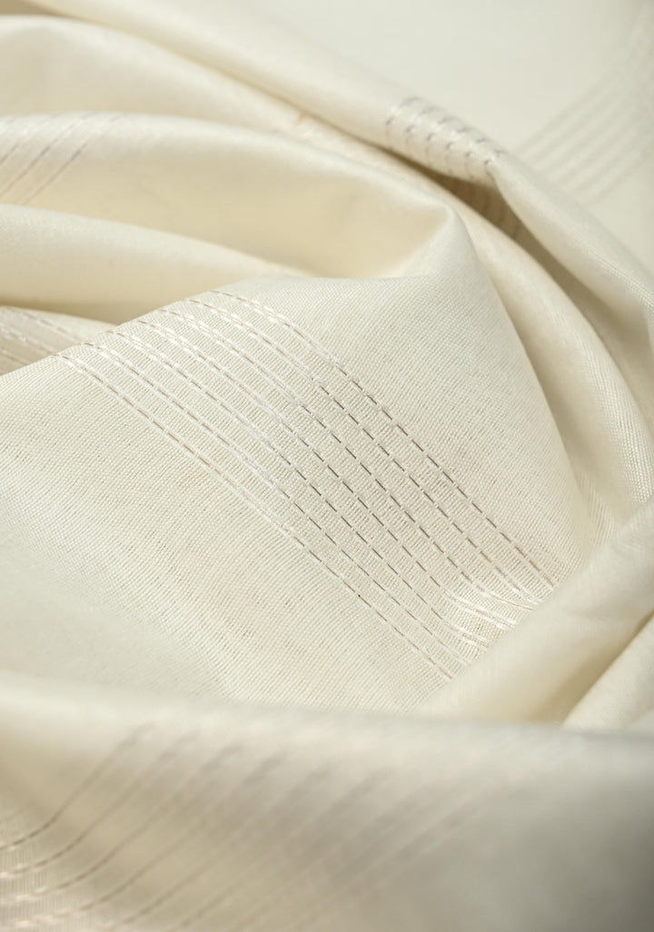 White Semi Tussar Saree with Horizontal Zari-Thread Stripes and Zari Borders | SHOBITAM
