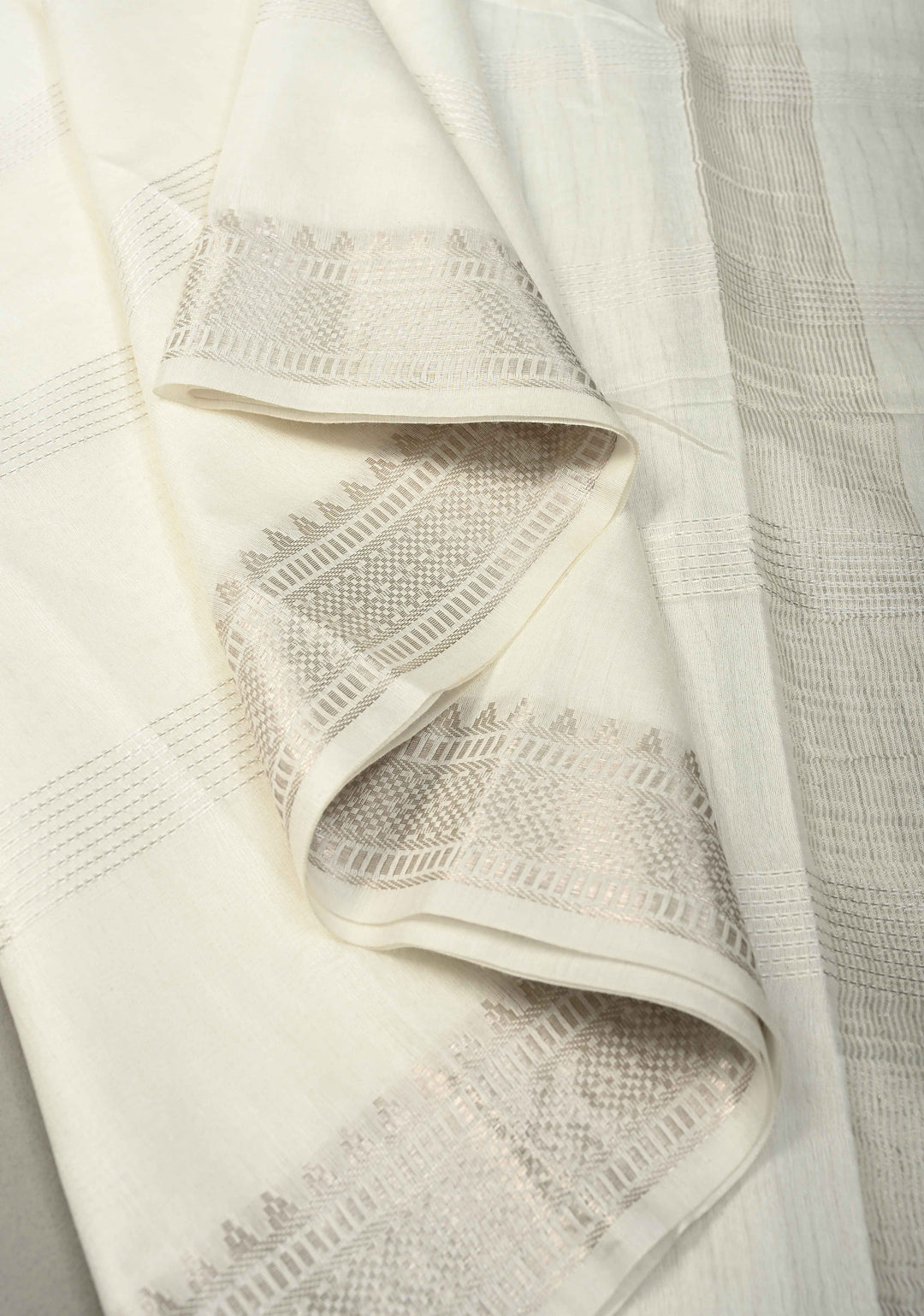 White Semi Tussar Saree with Horizontal Zari-Thread Stripes and Zari Borders | SHOBITAM