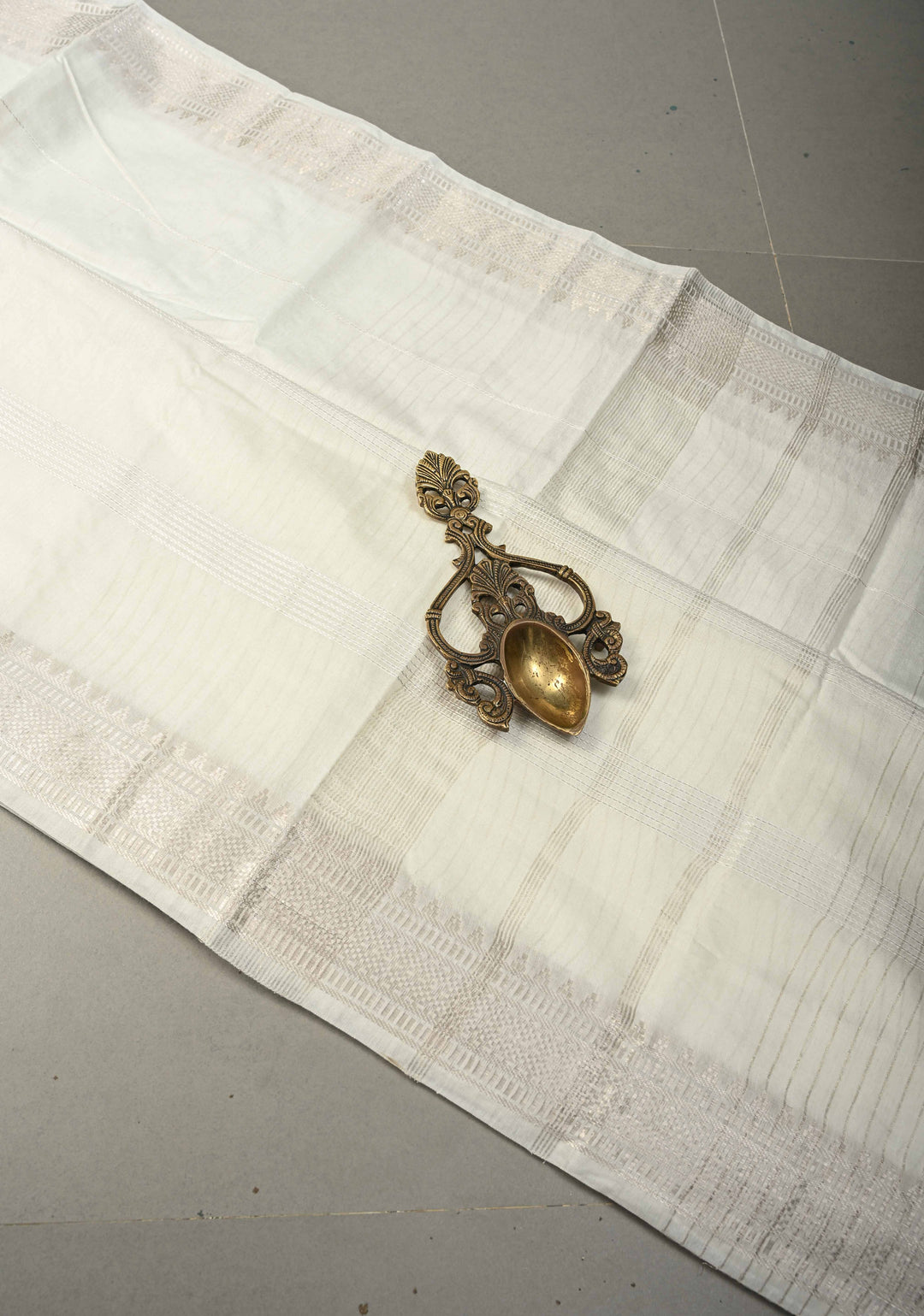 White Semi Tussar Saree with Horizontal Zari-Thread Stripes and Zari Borders | SHOBITAM
