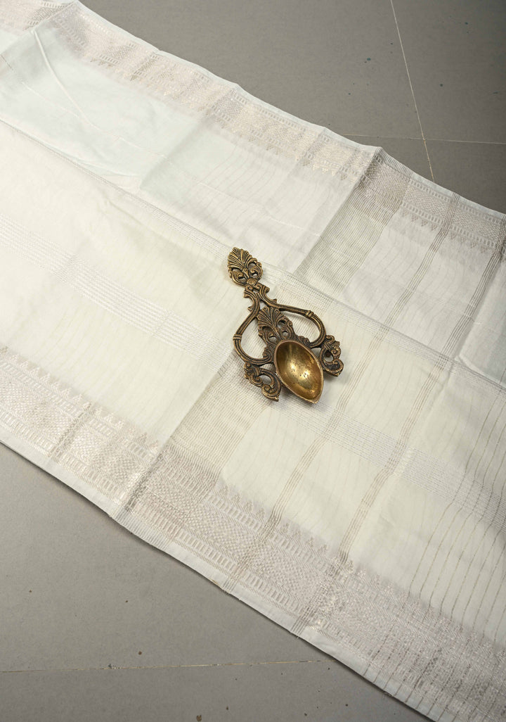 White Semi Tussar Saree with Horizontal Zari-Thread Stripes and Zari Borders | SHOBITAM