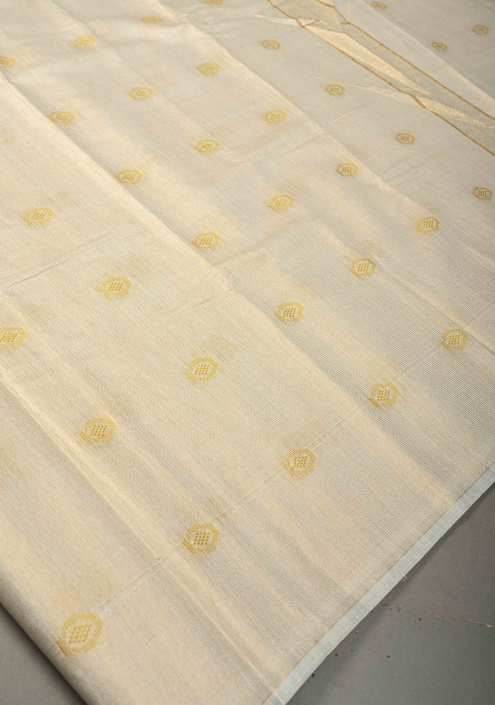 Ivory Borderless Semi Tussar Tissue Saree with Thread Buttas | SHOBITAM
