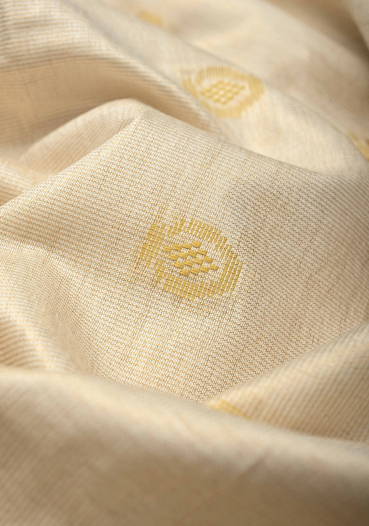 Ivory Borderless Semi Tussar Tissue Saree with Thread Buttas | SHOBITAM