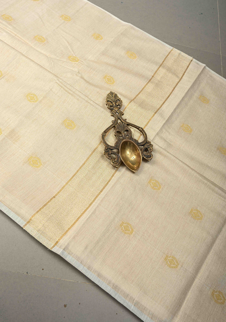 Ivory Borderless Semi Tussar Tissue Saree with Thread Buttas | SHOBITAM