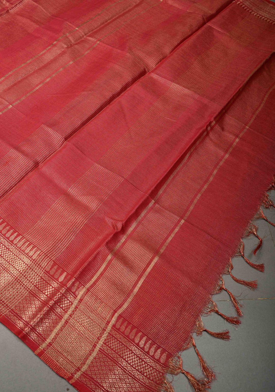 Dark Red Semi Tussar Tissue Saree with Zari Checks and Zari Border | SHOBITAM