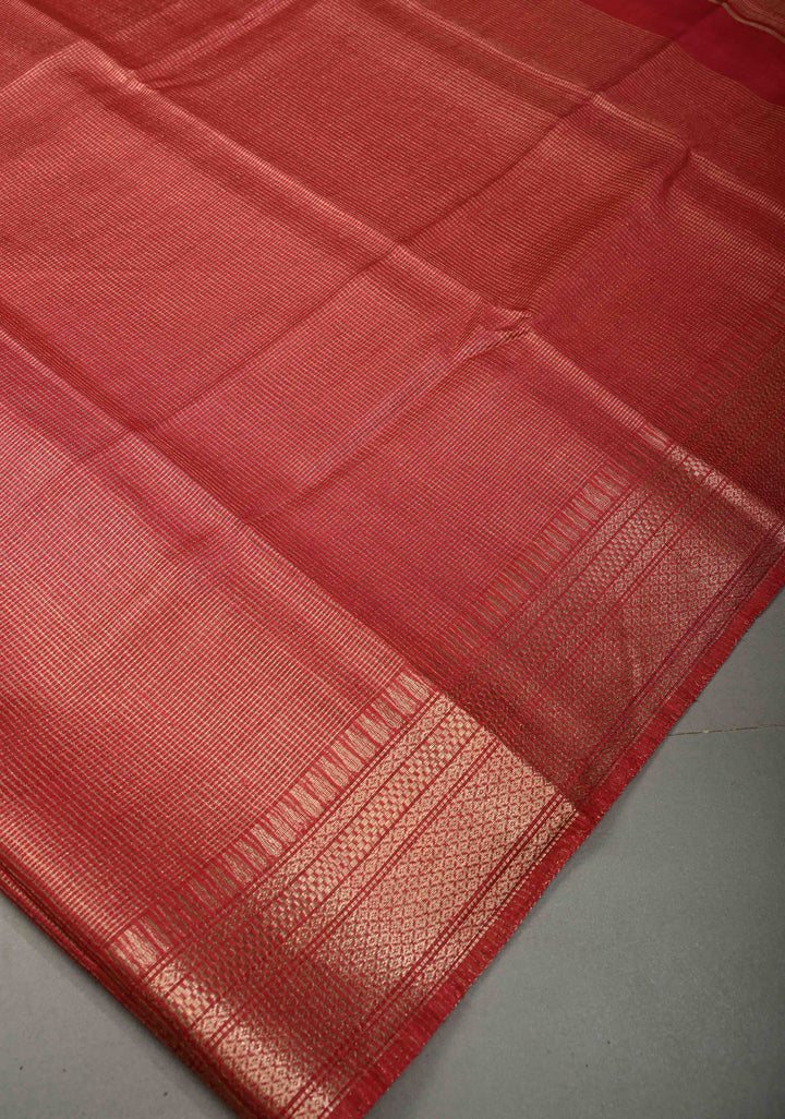 Dark Red Semi Tussar Tissue Saree with Zari Checks and Zari Border | SHOBITAM
