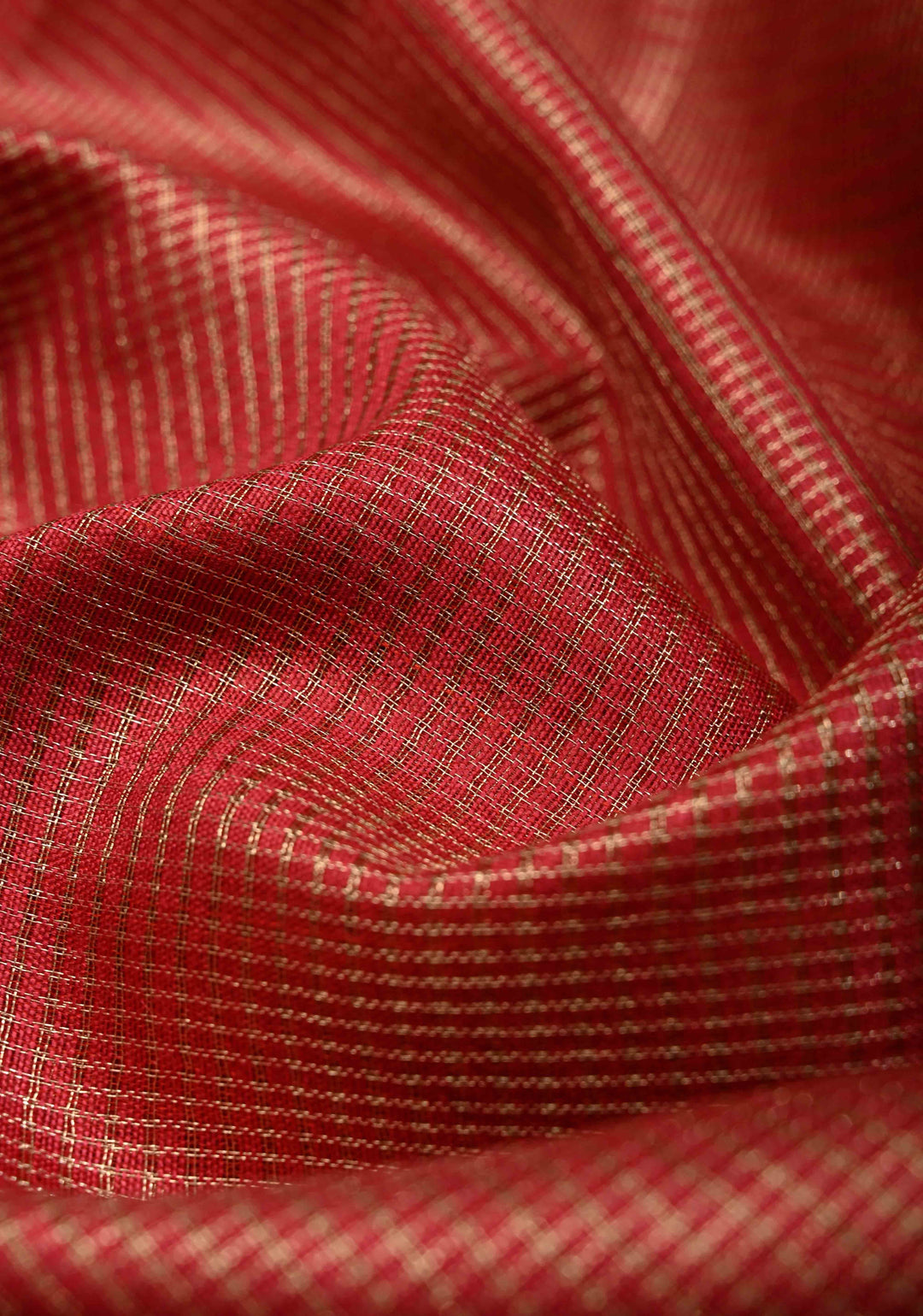 Dark Red Semi Tussar Tissue Saree with Zari Checks and Zari Border | SHOBITAM