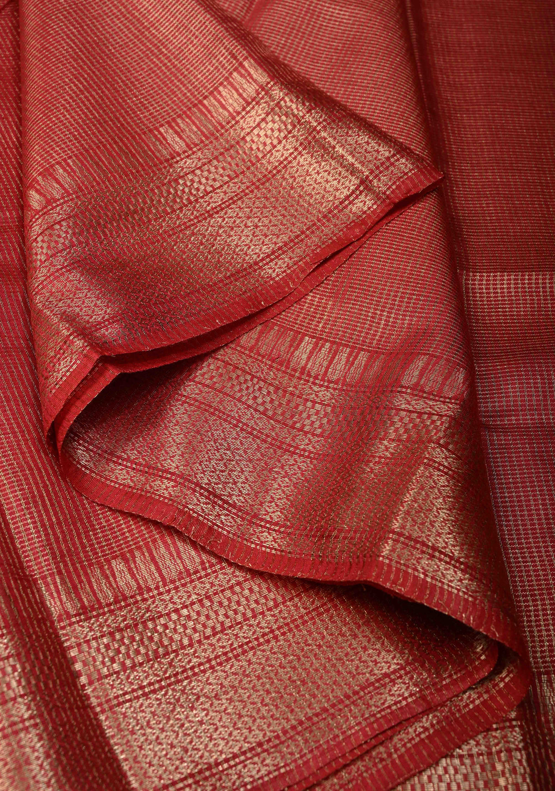 Dark Red Semi Tussar Tissue Saree with Zari Checks and Zari Border | SHOBITAM
