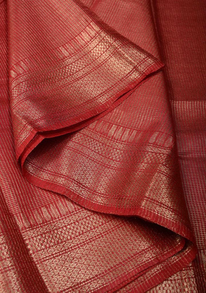 Dark Red Semi Tussar Tissue Saree with Zari Checks and Zari Border | SHOBITAM