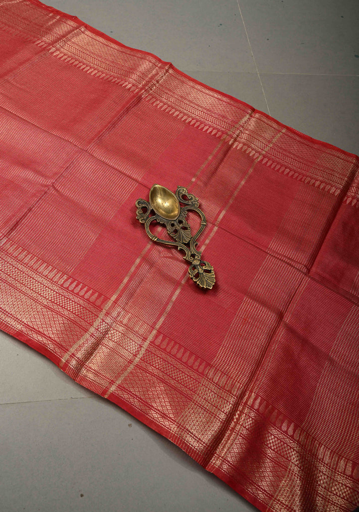 Dark Red Semi Tussar Tissue Saree with Zari Checks and Zari Border | SHOBITAM