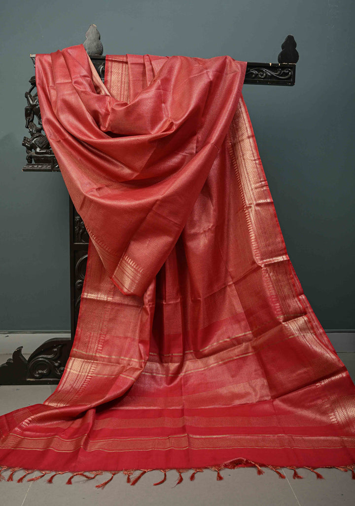 Dark Red Semi Tussar Tissue Saree with Zari Checks and Zari Border | SHOBITAM