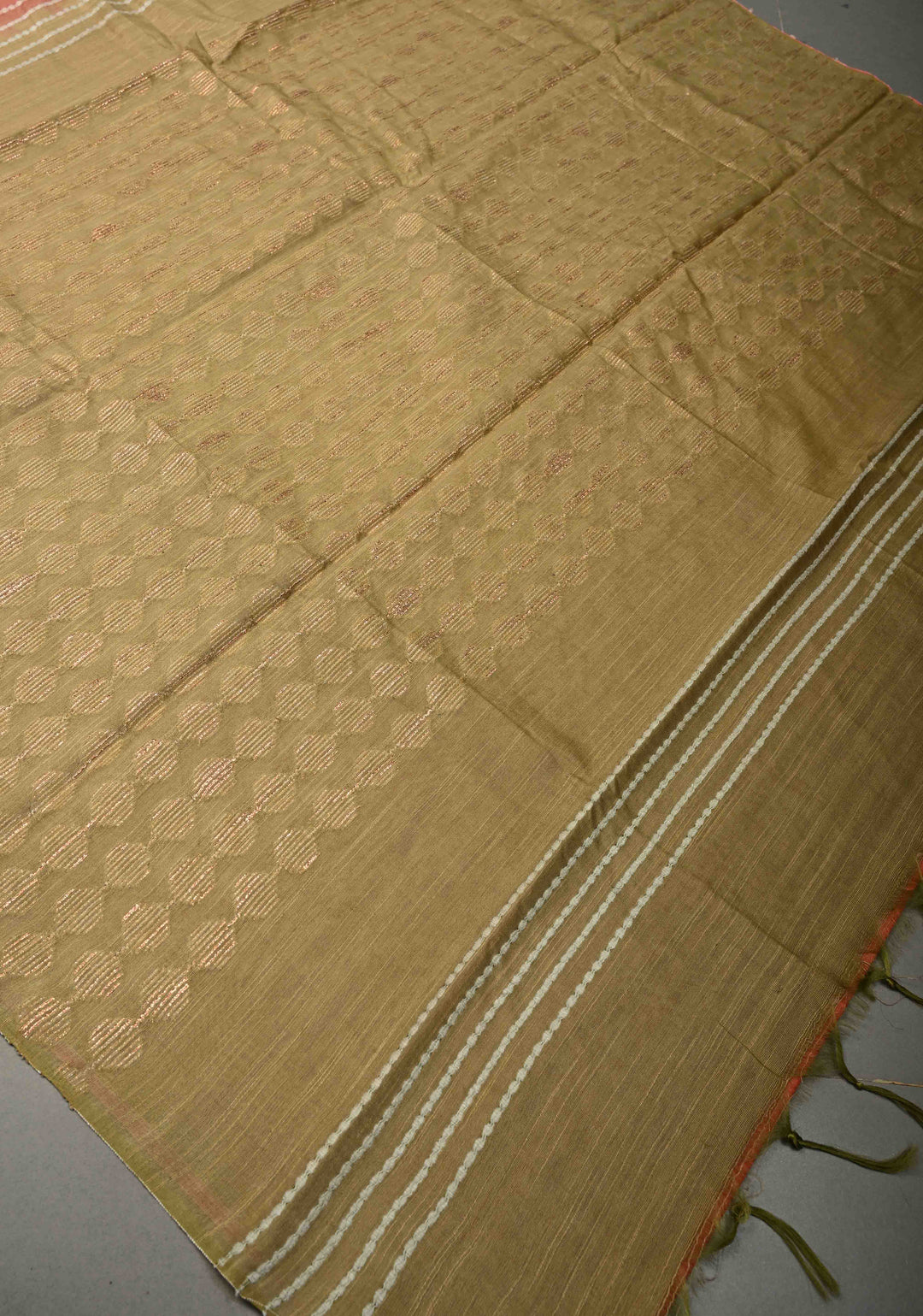 Coral Pink Borderless Semi Tussar Saree with Thread Horizontal Stripes and Contrast Pallu | SHOBITAM