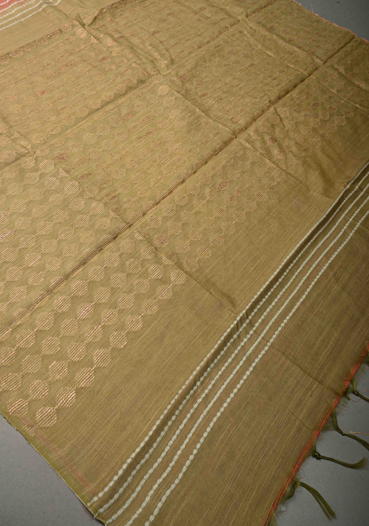 Coral Pink Borderless Semi Tussar Saree with Thread Horizontal Stripes and Contrast Pallu | SHOBITAM