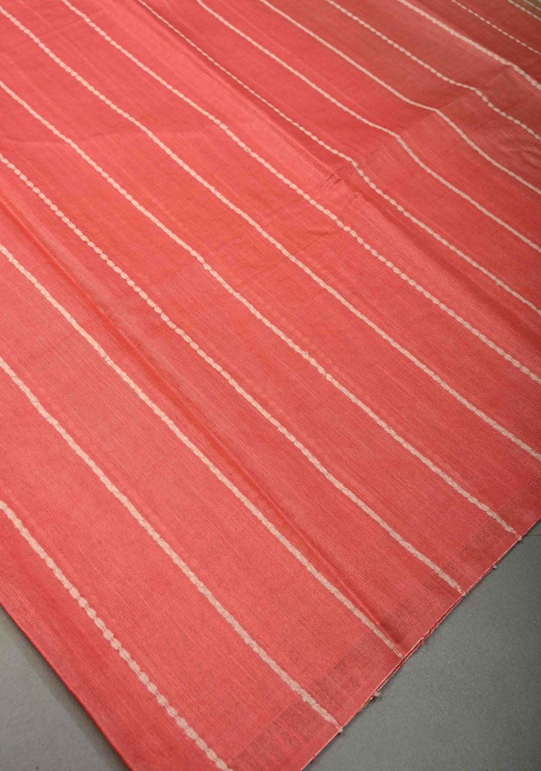 Coral Pink Borderless Semi Tussar Saree with Thread Horizontal Stripes and Contrast Pallu | SHOBITAM