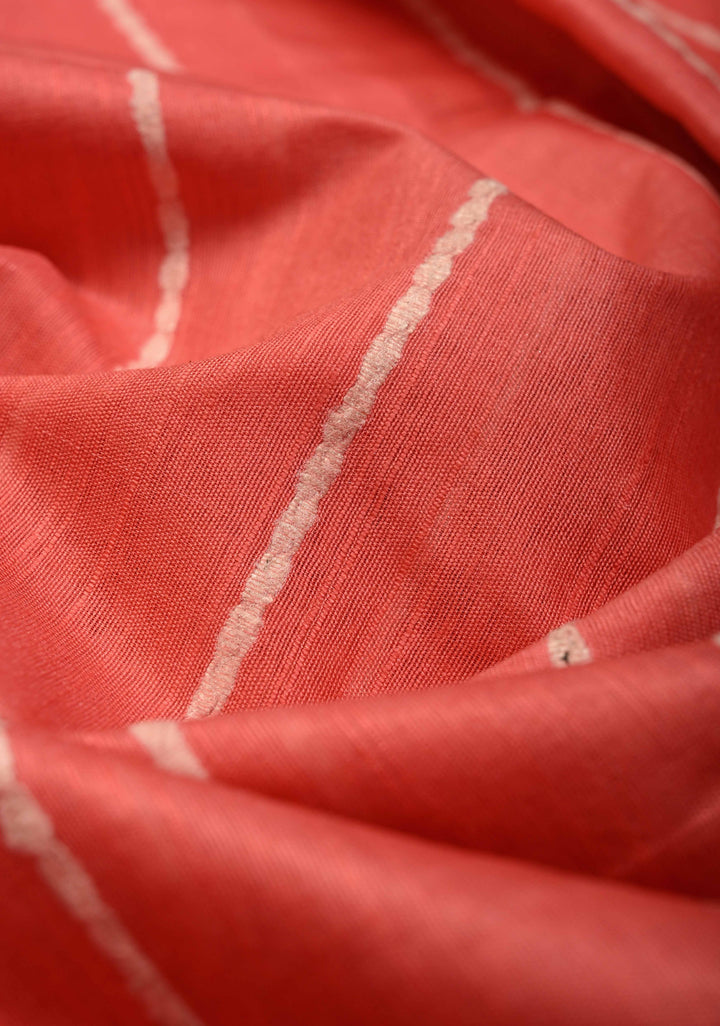Coral Pink Borderless Semi Tussar Saree with Thread Horizontal Stripes and Contrast Pallu | SHOBITAM