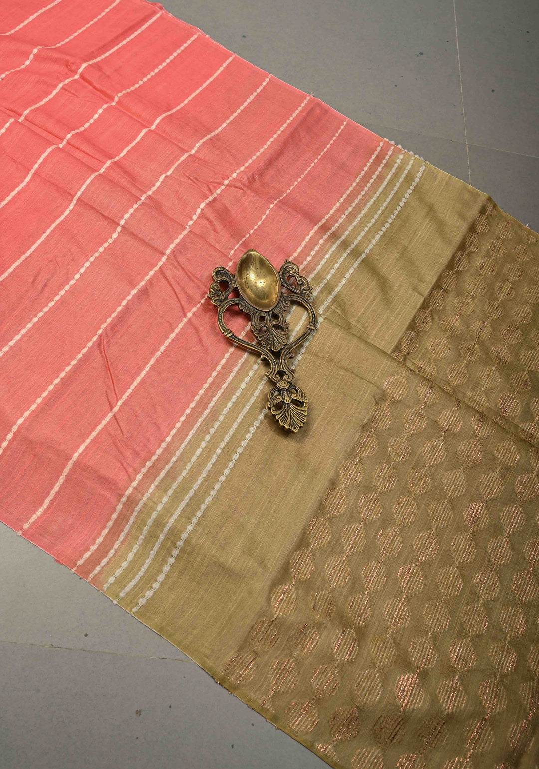 Coral Pink Borderless Semi Tussar Saree with Thread Horizontal Stripes and Contrast Pallu | SHOBITAM