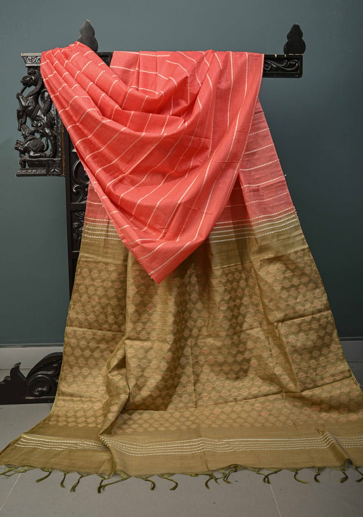 Coral Pink Borderless Semi Tussar Saree with Thread Horizontal Stripes and Contrast Pallu | SHOBITAM