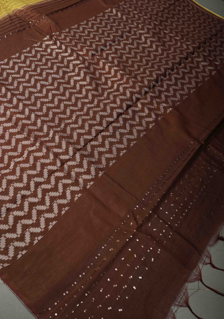 Mustard Yellow Borderless Semi Tussar Saree with Thread Horizontal Stripes and Contrast Pallu | SHOBITAM