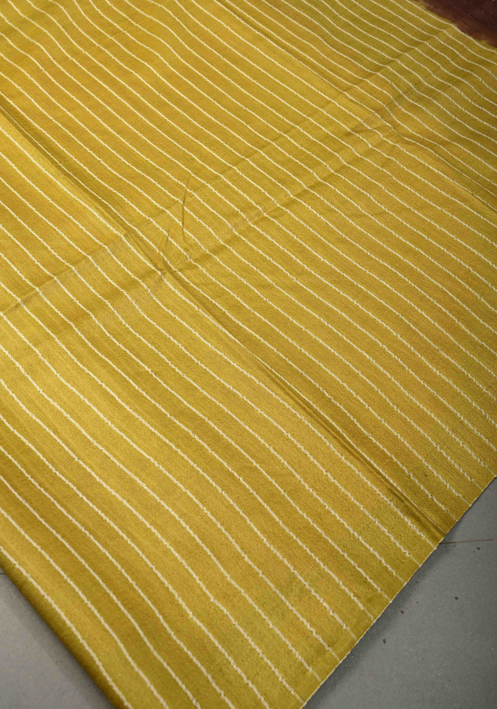 Mustard Yellow Borderless Semi Tussar Saree with Thread Horizontal Stripes and Contrast Pallu | SHOBITAM