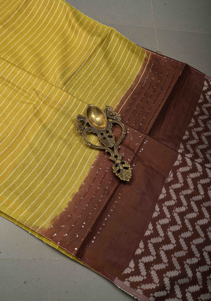 Mustard Yellow Borderless Semi Tussar Saree with Thread Horizontal Stripes and Contrast Pallu | SHOBITAM