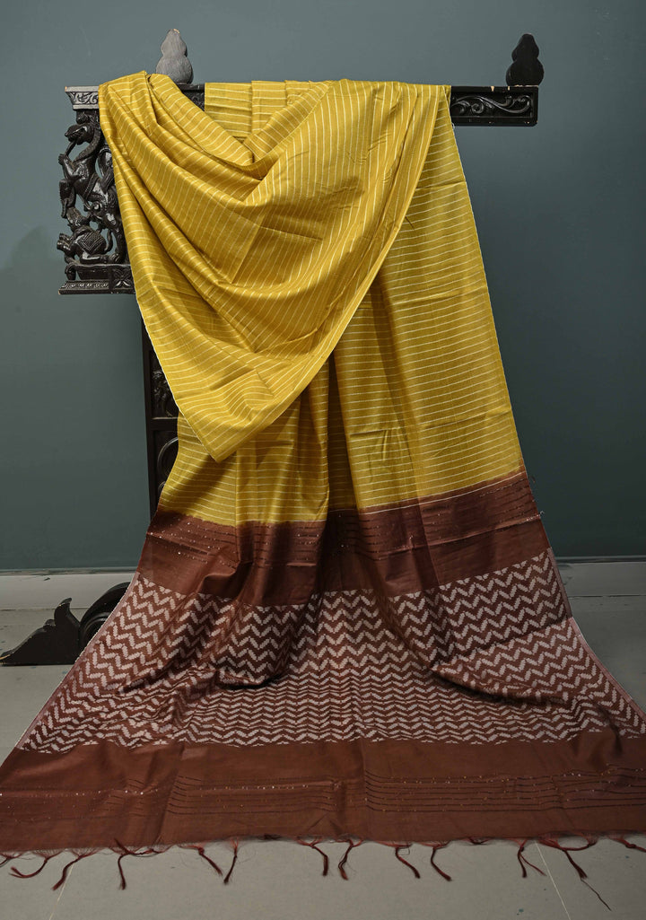 Mustard Yellow Borderless Semi Tussar Saree with Thread Horizontal Stripes and Contrast Pallu | SHOBITAM