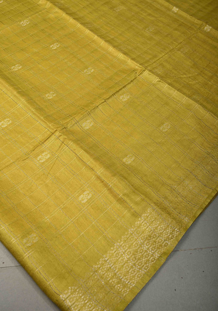 Moss Green Zari Checks on Semi Tussar Saree with Thread Buttas and Zari Border | SHOBITAM