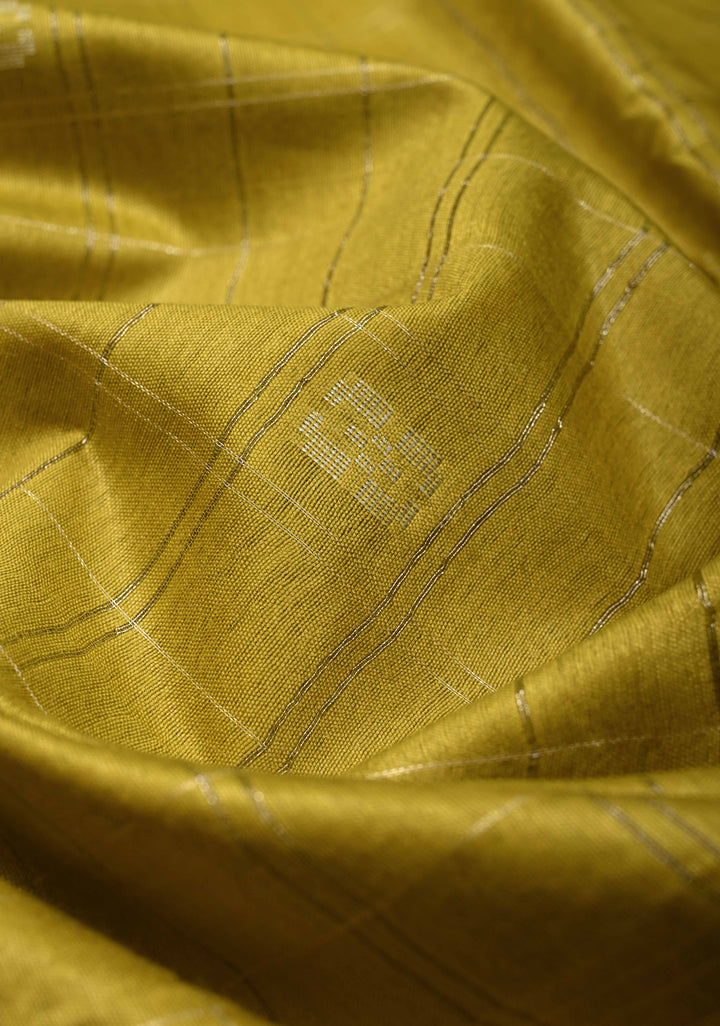 Moss Green Zari Checks on Semi Tussar Saree with Thread Buttas and Zari Border | SHOBITAM