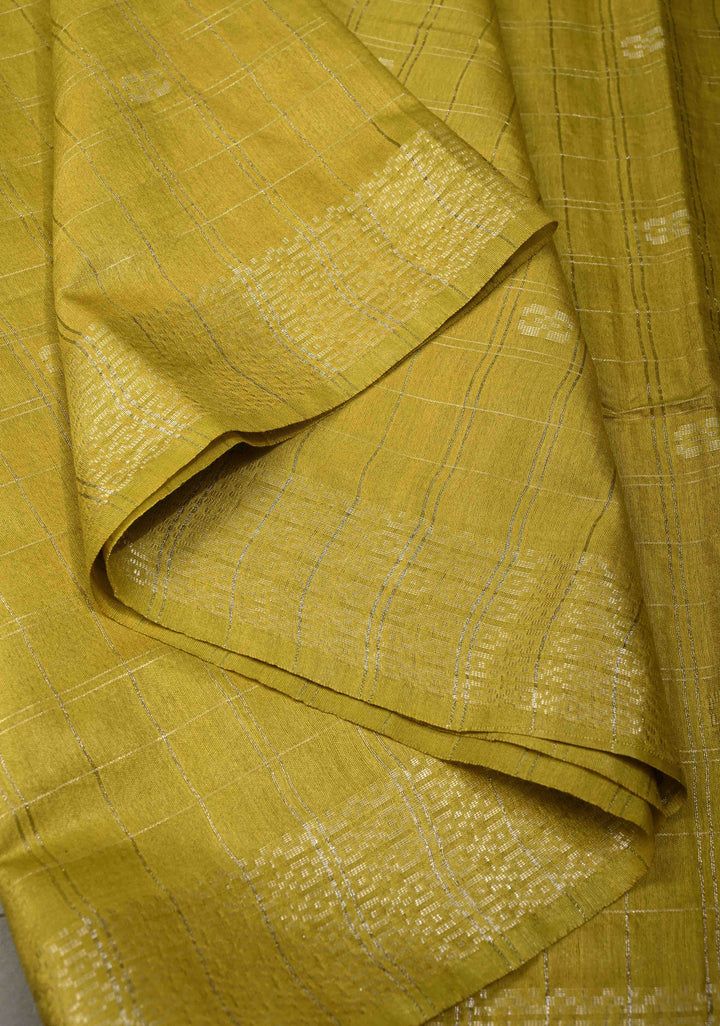 Moss Green Zari Checks on Semi Tussar Saree with Thread Buttas and Zari Border | SHOBITAM