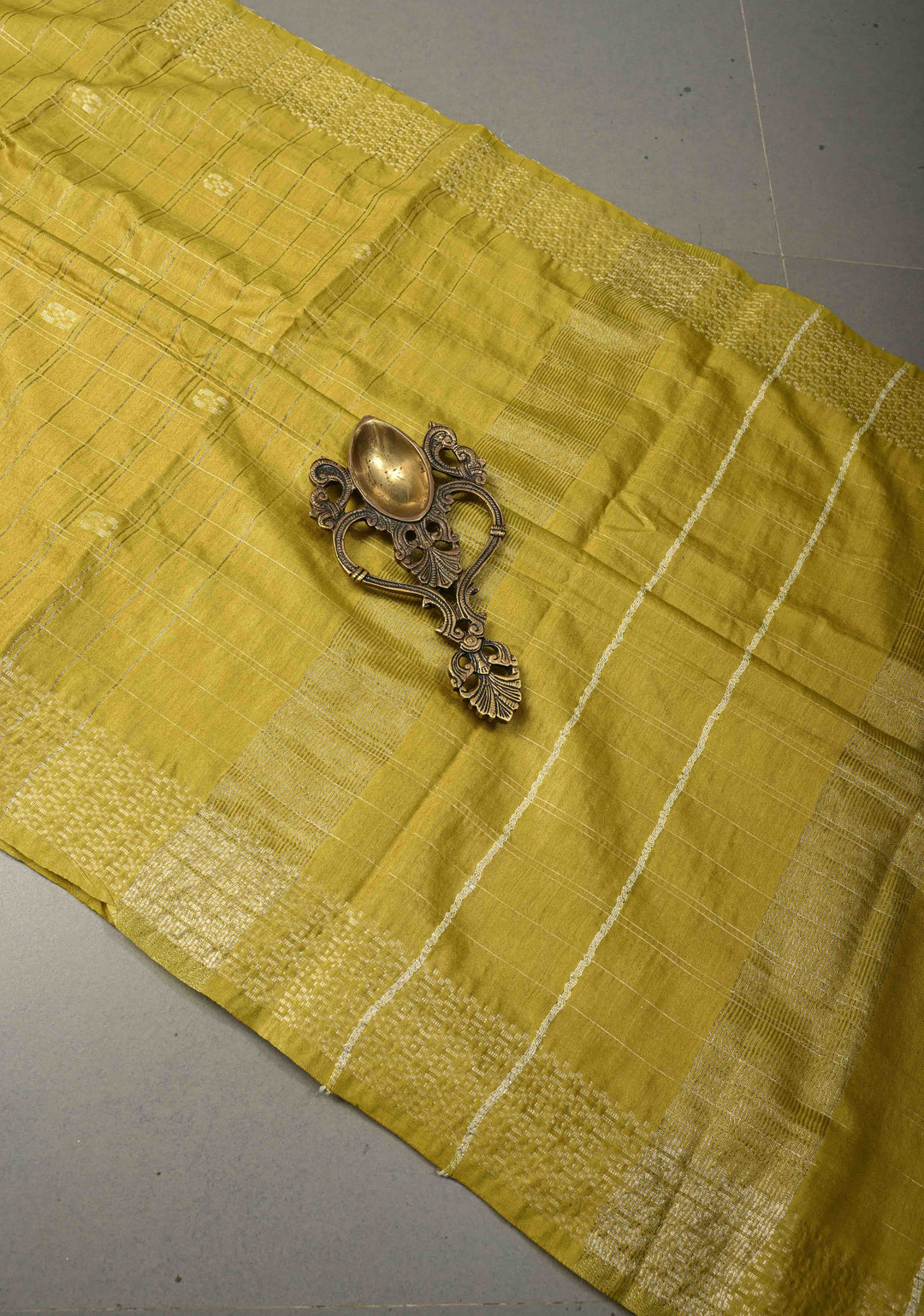 Moss Green Zari Checks on Semi Tussar Saree with Thread Buttas and Zari Border | SHOBITAM