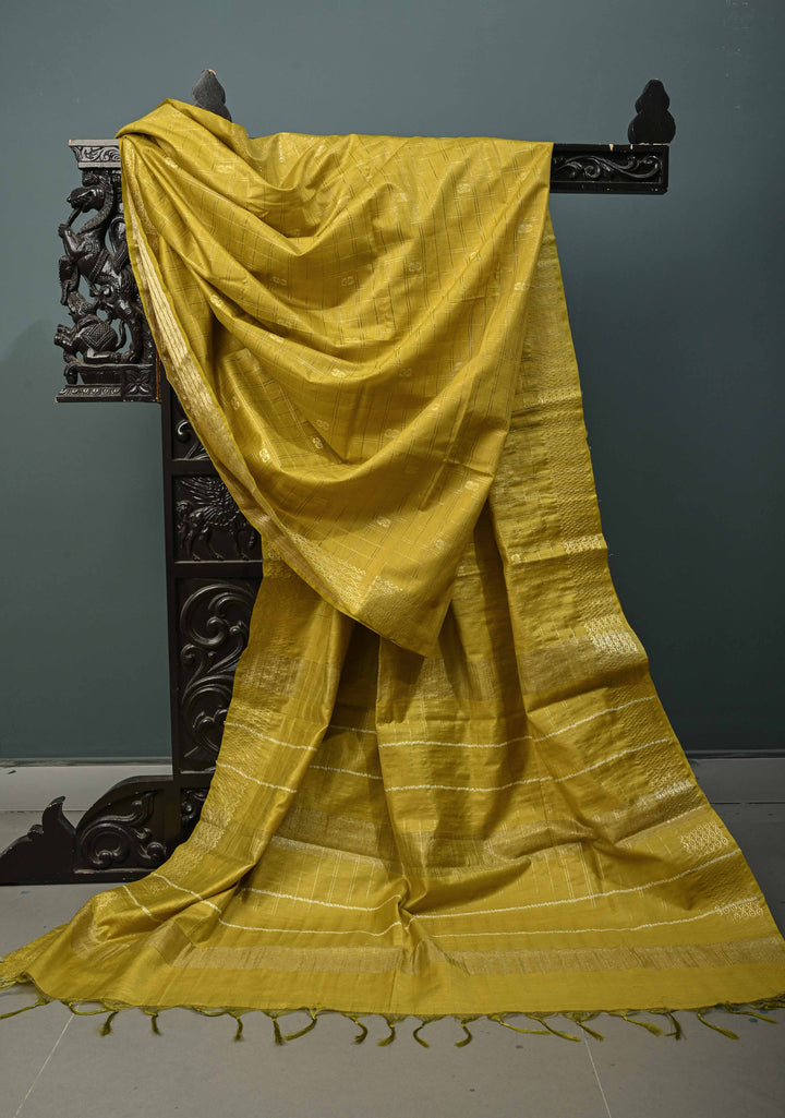 Moss Green Zari Checks on Semi Tussar Saree with Thread Buttas and Zari Border | SHOBITAM