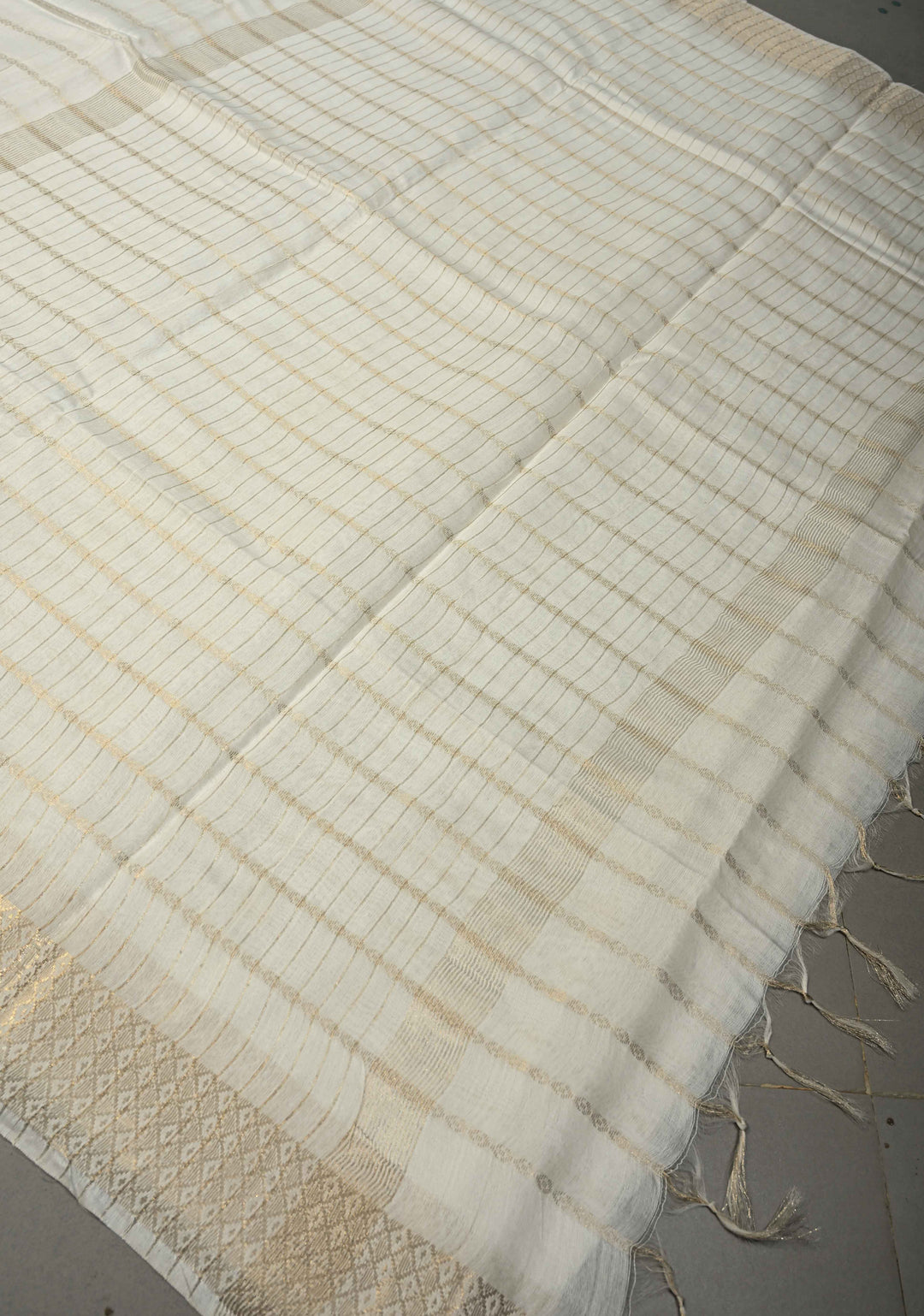 White Semi Tussar Saree Zari Stripes and Zari Border | SHOBITAM