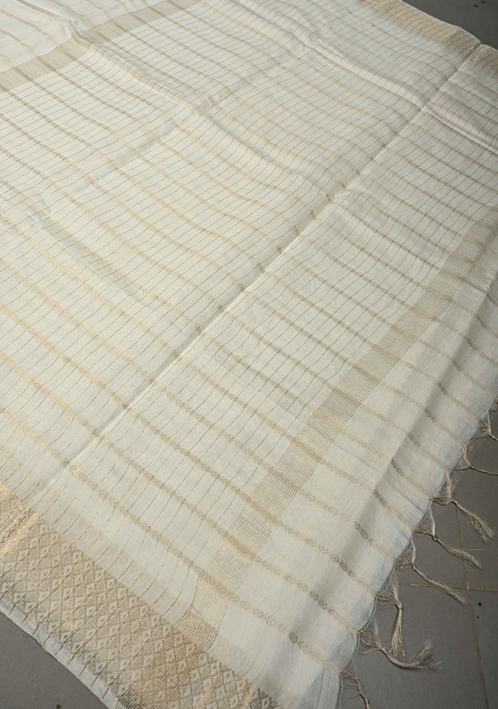 White Semi Tussar Saree Zari Stripes and Zari Border | SHOBITAM