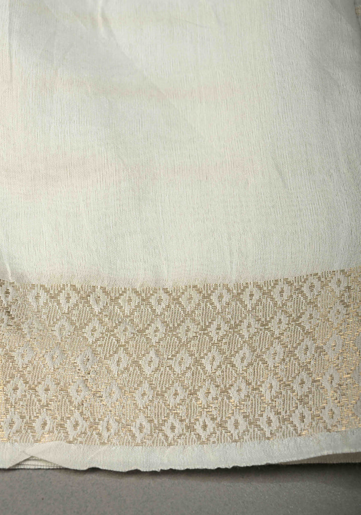 White Semi Tussar Saree Zari Stripes and Zari Border | SHOBITAM